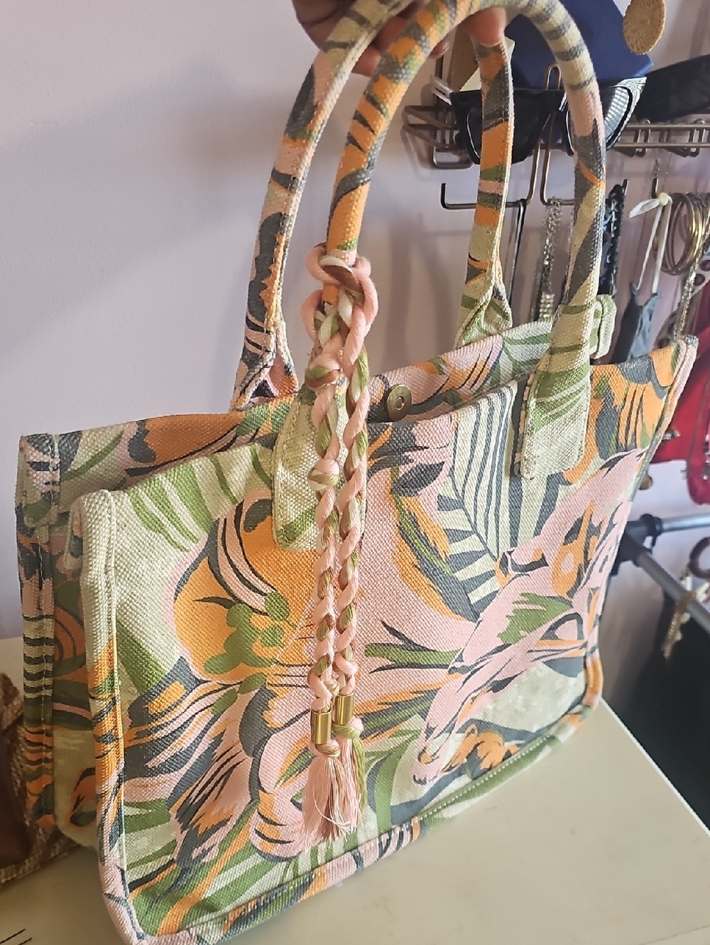 Vince Camuto Floral Canvas Tote in Pink, Green & Orange